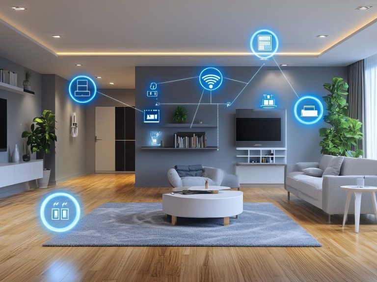 Salon moderne avec des icônes représentant la domotique. Mobilier minimaliste et lumineux.